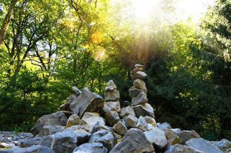 Una Pila De Rocas En El Bosque Con El Sol Brillando En La Cima Foto