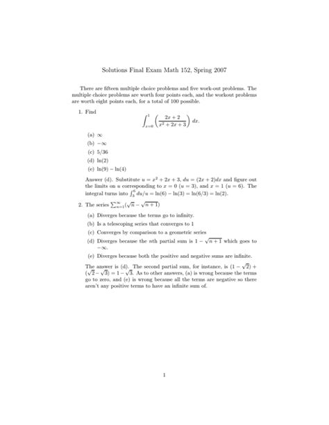 Solutions Final Exam Math 152 Spring 2007