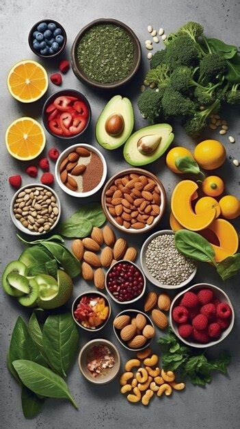 Premium Photo | A table of food including nuts, fruits, nuts, and seeds.