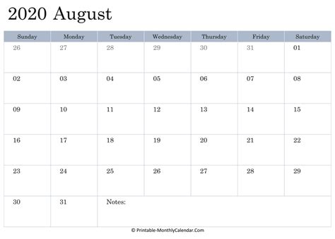 August 2020 Calendar Printable With Holidays