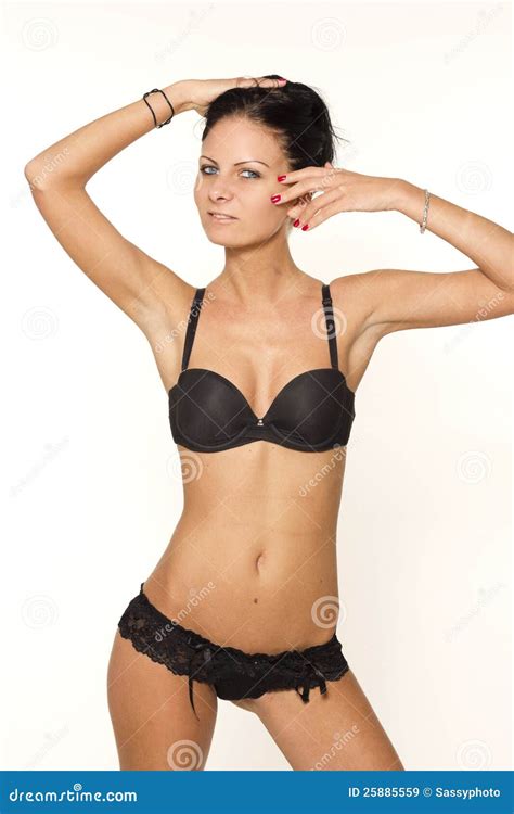 Seductive Woman In Black Lingerie On White Stock Image Image Of