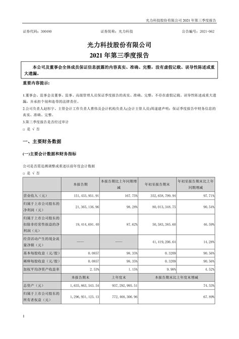 【深交所】光力科技：2021年第三季度报告