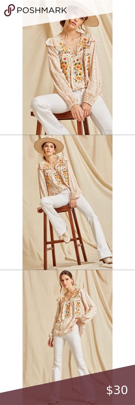 Andre By Unit Full Size Run Mixed Print Embroidered Top Embroidered