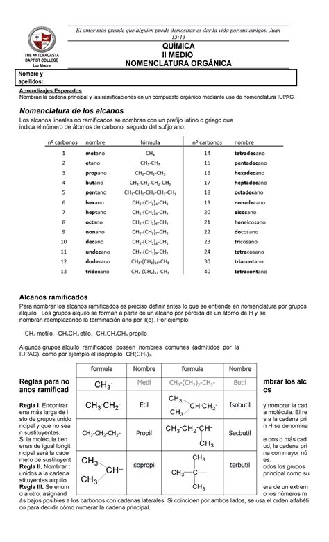 Guía nomenclatura orgánica IIM THE ANTOFAGASTA BAPTIST COLLEGE Luz
