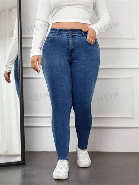 Shein Cottnline Plus Storlek Enf Rgad Jeans Med Dragkedja Fickor Shein Se