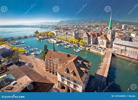 Zurich Limmat River Waterfront And Landmarks View Royalty Free Stock