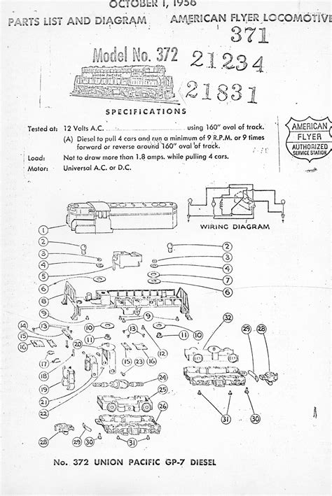American Flyer Locomotive 372 Union Pacific GP 7 Diesel Parts List - TrainDR