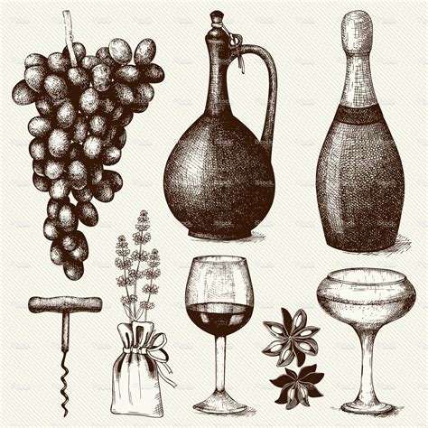 Vector Set Of Ink Hand Drawn Wine Illustration Isolated On Vintage