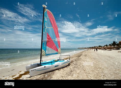 Small catamaran boat, Puerto Morelos, Riviera Maya, Caribbean coast of Mexico Stock Photo - Alamy