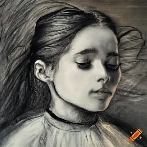 Charcoal Drawing Of A Girl With Flowing Hair On Craiyon