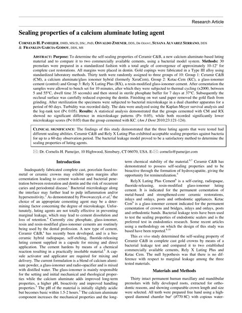 (PDF) Sealing properties of a calcium aluminate luting agent