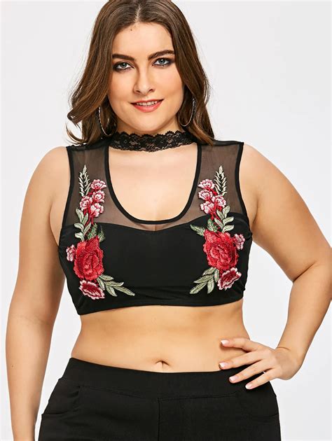 Gamiss Women Fashion Lace Sleeveless Cropped Top Plus Size Floral