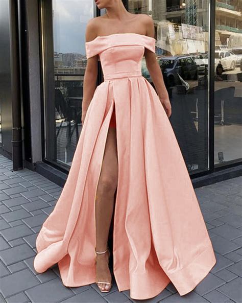 elegant   satin peach color long prom dress   shoulder slit