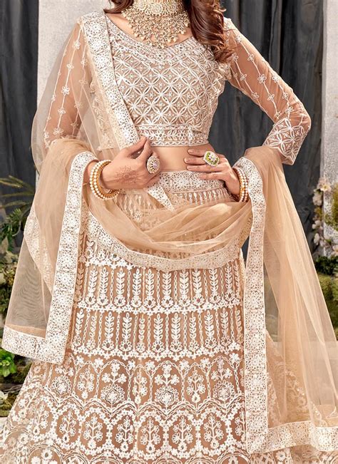 Shop Cream Net Embroidered Umbrella Lehenga Party Wear Online At Best