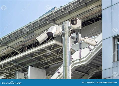 Multiple Cctv Cameras Mounted On Post Stock Image Image Of Security