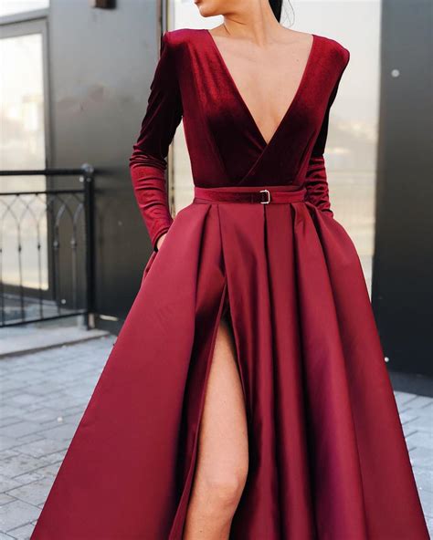 Long Sleeves V Neck Burgundy/ Black Prom Dress with High Slit, Burgund ...