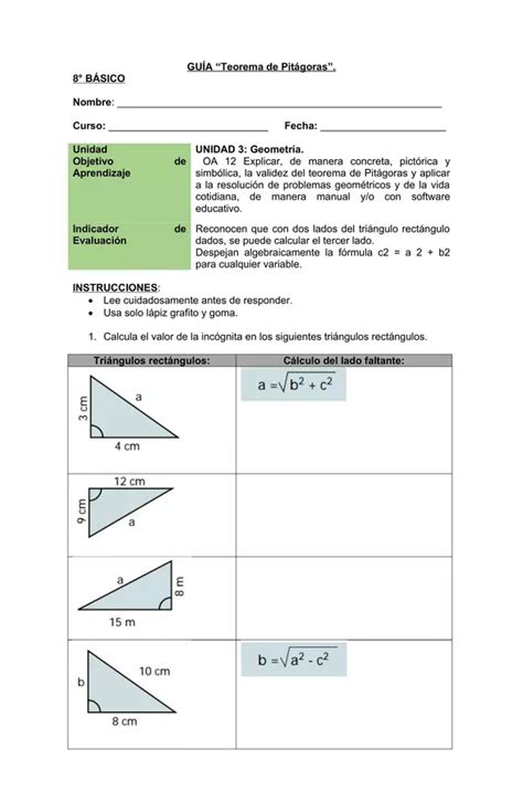 GUIA TEOREMA DE PITAGORAS OCTAVO BASICO UNIDAD 3 Profe Social