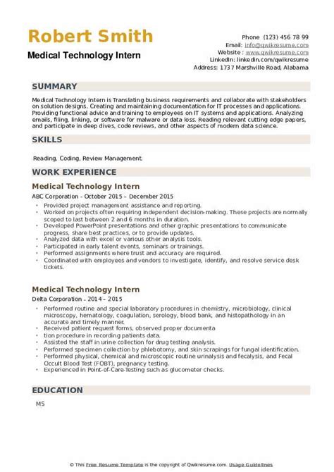 Medical Technology Intern Resume Samples Qwikresume