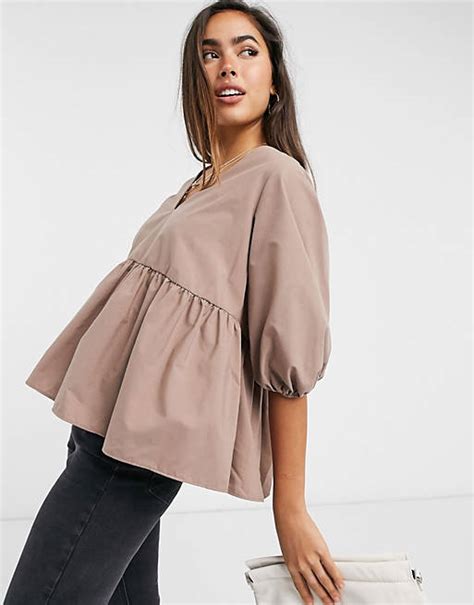 Asos Design Long Sleeve Cotton Smock Top With Pep Hem In Chocolate Asos