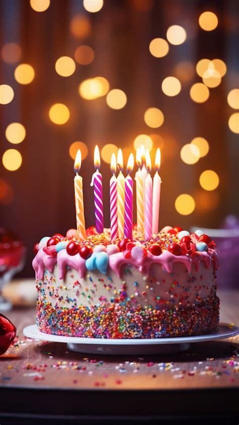 Colorful Birthday Cake With Lit Candles