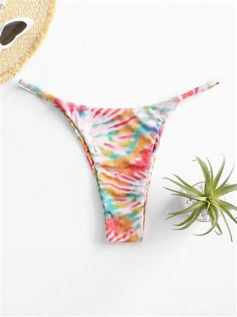 47 OFF 2021 ZAFUL Tie Dye Ribbed String Bikini Bottom In LIGHT PINK