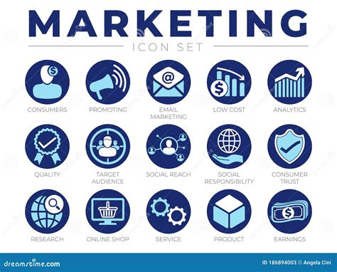 Blue Marketing Icon Set Consumers Promotion Email Marketing Low