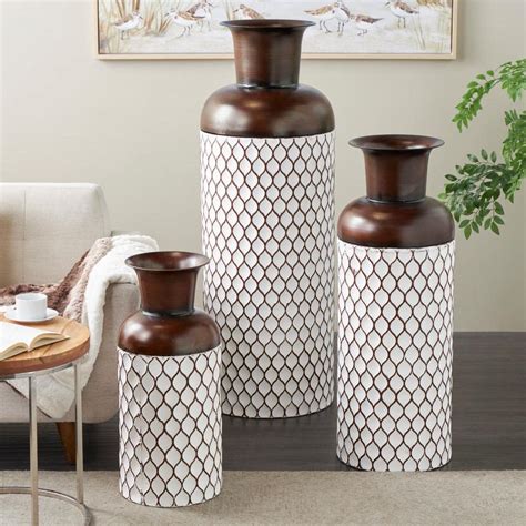 Litton Lane White Tall Trellis Floor Metal Decorative Vase With Brown