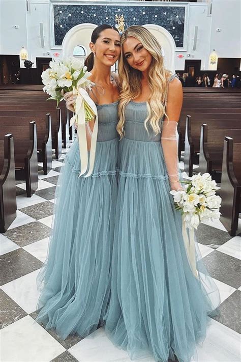 Dusty Blue Tulle Bow Tie Shoulder Ruffle Long Prom Dress Dreamdressy