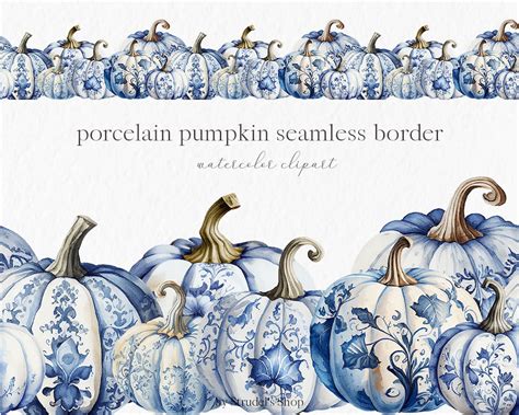 Fall Seamless Pumpkin Border Watercolor Clipart PNG Blue White Pumpkin ...