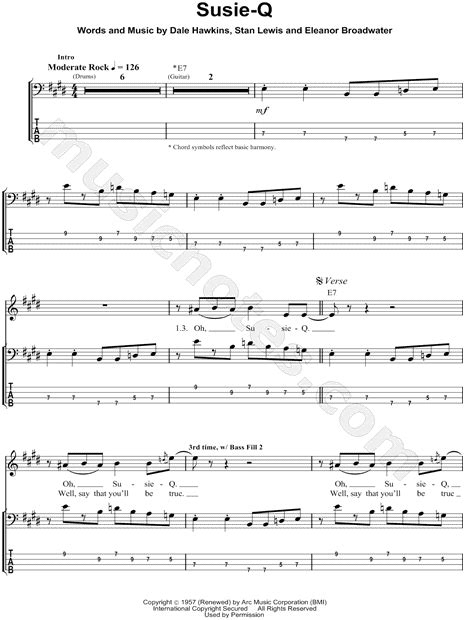 Creedence Clearwater Revival Susie Q Bass Tab In E Major Download And Print Sku Mn0050064