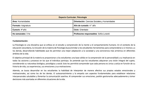 Planificaci N Psicolog A To A O Espacio Curricular Psicolog A Rea