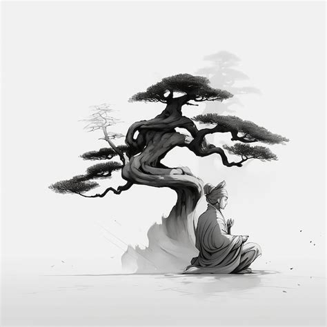 Un dibujo de un hombre sentado bajo un árbol que se titula zen