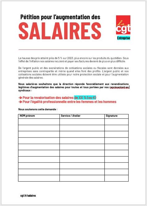 Modèle de pétition pour l augmentation des salaires Union Locale CGT