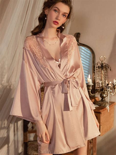 Pajamas Sleepwear Champagne Lace Piece Long Sleeves Silk Like Lingerie Milanoo