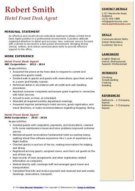 10 Hotel Front Desk Agent Resume Samples And Templates For 2025