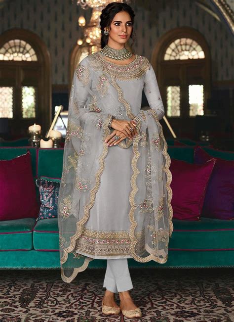 Pale Grey Tussar Silk Straight Cut Pant Suit Salwar Kameez Designer