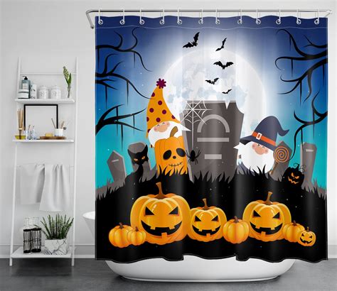 Hvest Halloween Shower Curtain Gnome And Skull Pumpkin In Cemetery