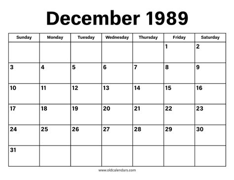 December 1989 Calendar – Printable Old Calendars