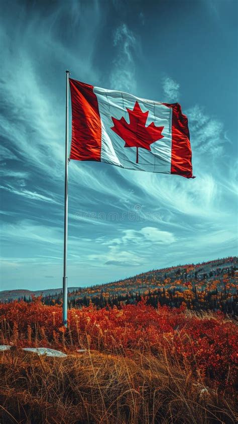 Canadian Flag With A Maple Leaf Against A Scenic Autumn Landscape With