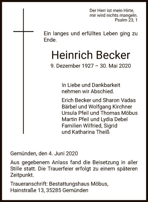 Traueranzeigen Von Heinrich Becker Trauer HNA De