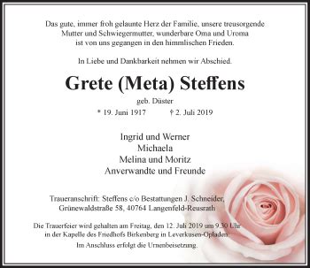 Alle Traueranzeigen F R Grete Steffens Trauer Rp Online De