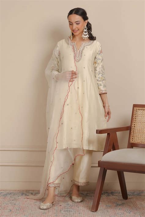 Buy Ivory Kurta And Pant Chanderi Silk Embroidered Dori Notched Floral