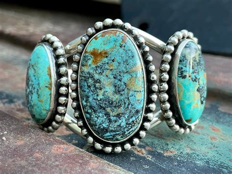 Three Stone Turquoise Cuff Bracelet By Navajo Raquel Hurley Native