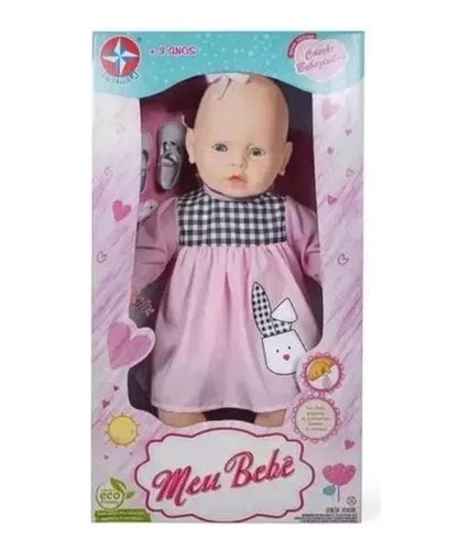 Boneca Meu Bebê 55cm Vestido Rosa E Xadrez Estrela Frete grátis