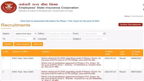 ESIC Result 2022 ESIC MTS Phase I Result 2022 Declared Esic Nic In