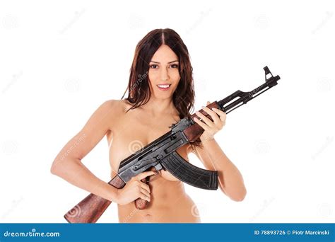 Nude Brunette Girl Model With Weapon Stock Photo Image Of Glamour Nude 78893726