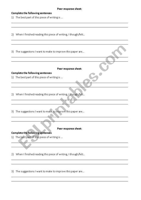 English Worksheets Peer Response On Writing Sheet