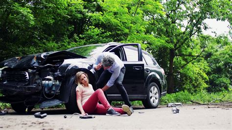 Young injured woman by the car after an accident and a man with ...