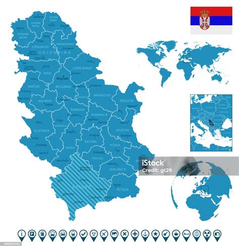 セルビア 都市地域世界地図と地球上の位置と詳細な青い国の地図インフォグラフィックアイコン アイコンのベクターアート素材や画像を多数ご用意