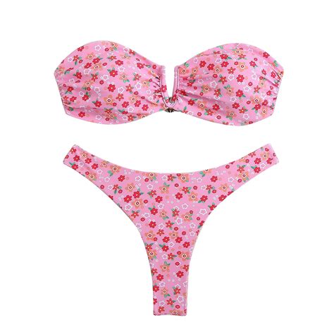 Wyobmus Women S Bandeau Bikini Sets Two Piece Swimsuit Printing Strapless Tube Bikini Top With